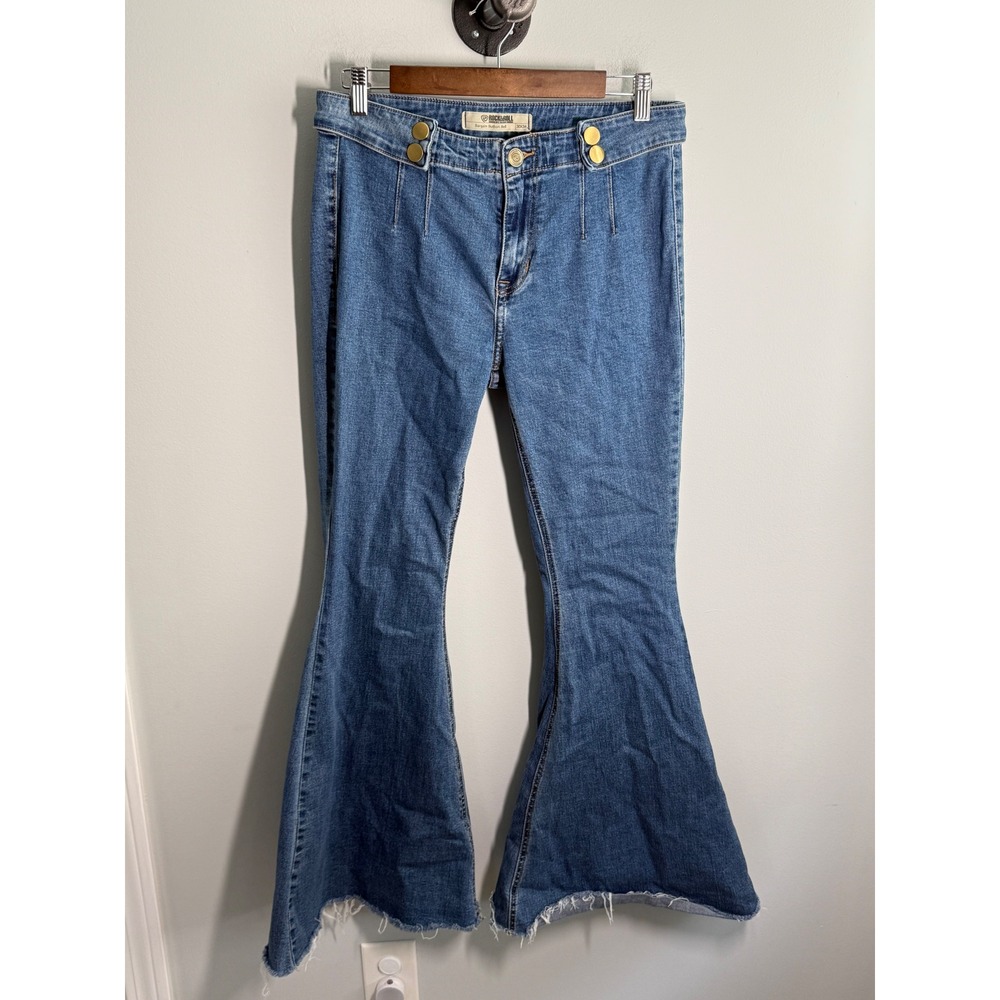 Rock & Roll Denim Bargain Button Bell Jeans Blue Flare Raw Hem 30x34 Womens